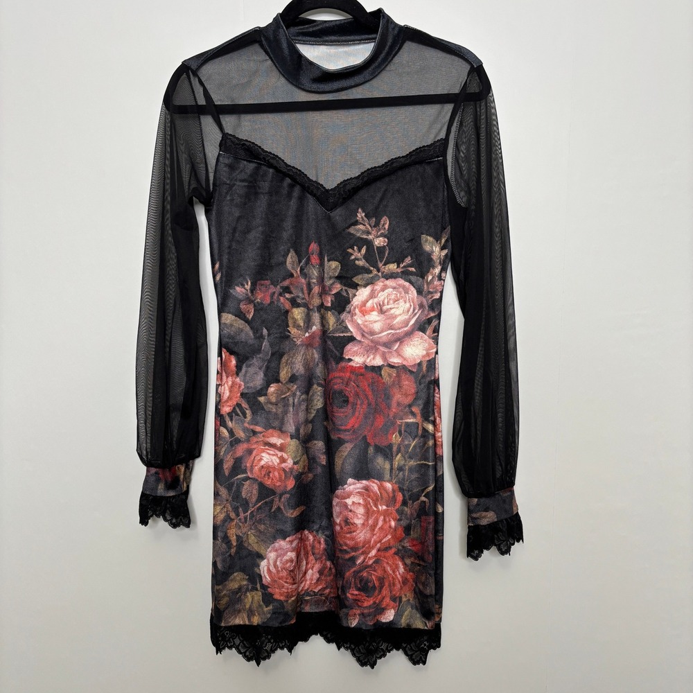 Black Floral Mesh Long Sleeve Mini Dress Lace Trim Mock Neck M Whimsigoth Goth
